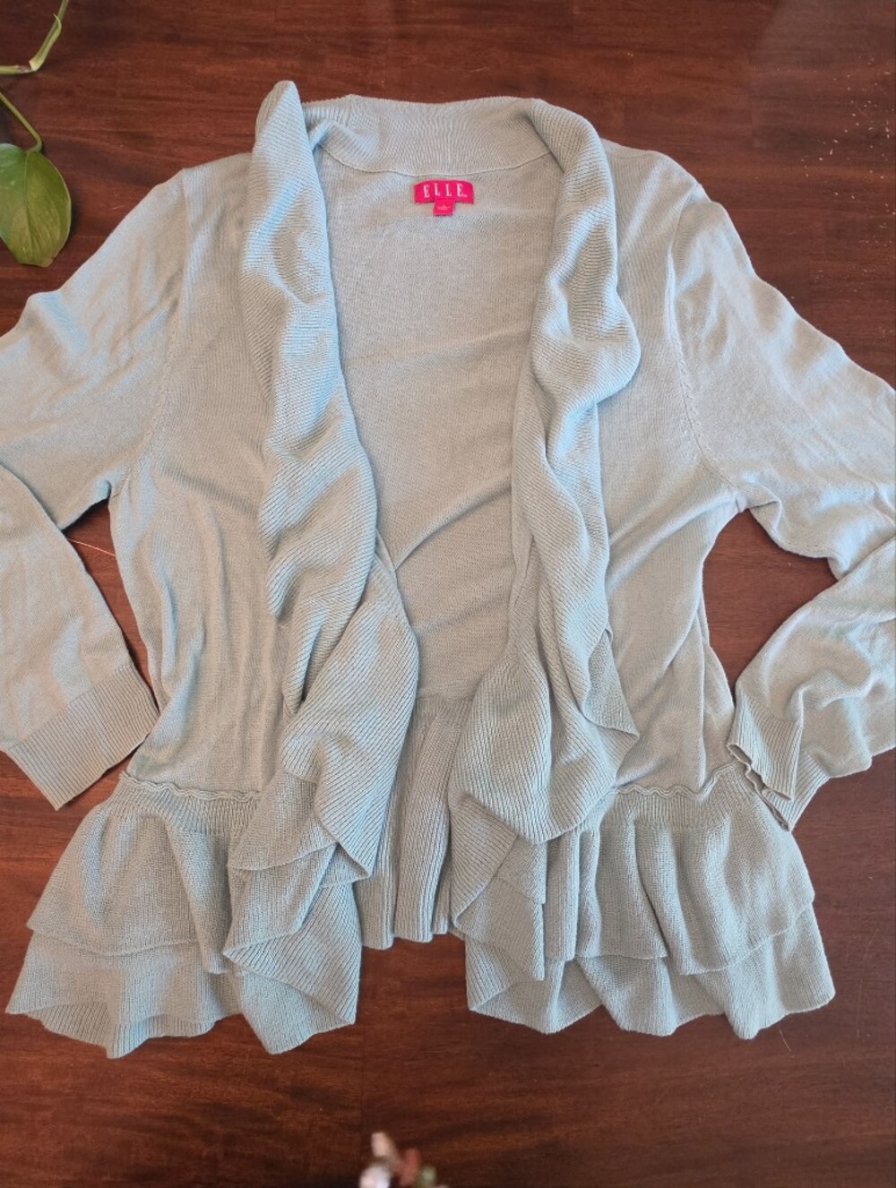 ELLE sage green Ruffle Open Front Cardigan Sweater – Size L Lightweight Knit